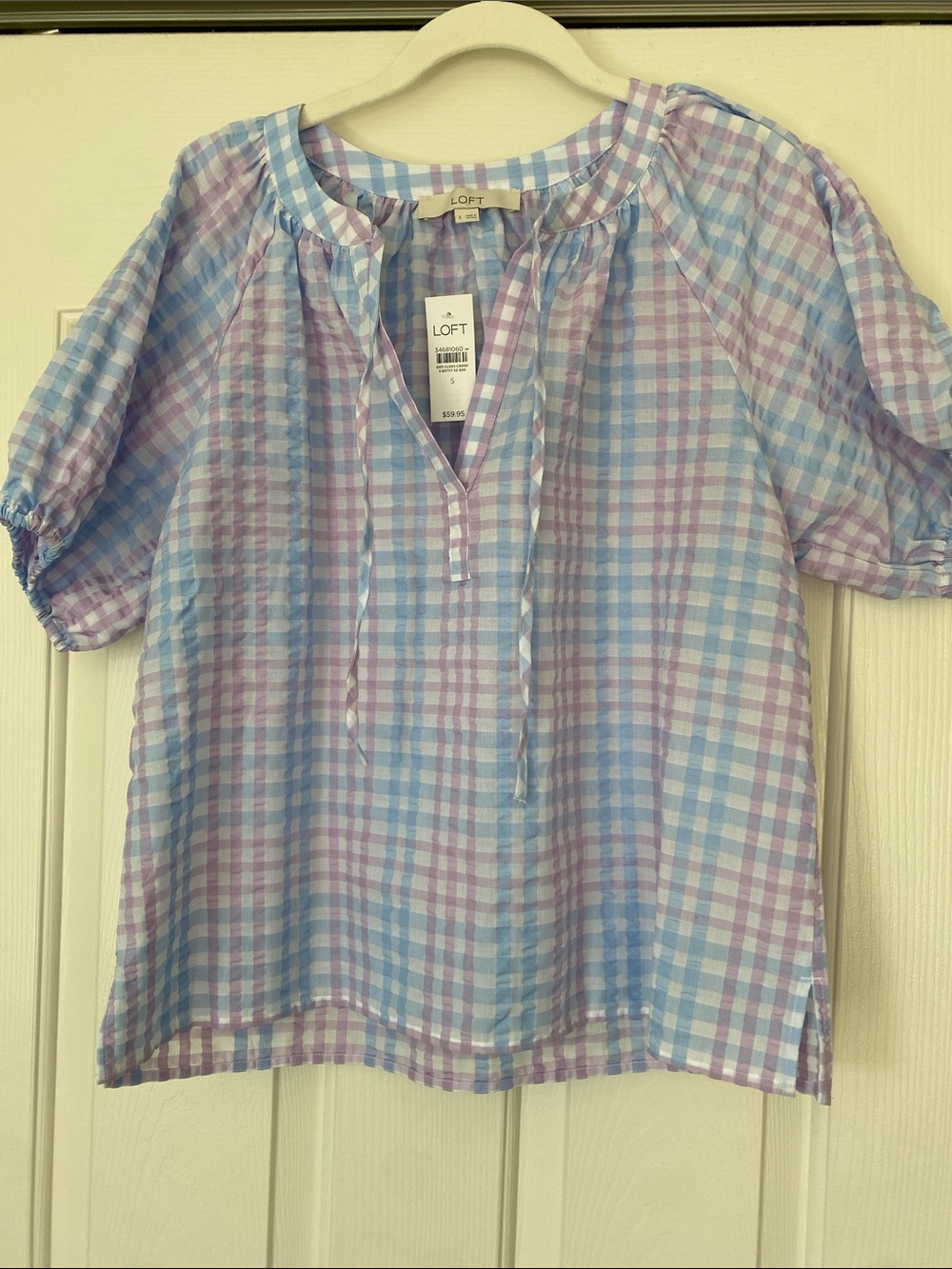 NWT LOFT Pastel Check Peasant Top - Blue & Lavender